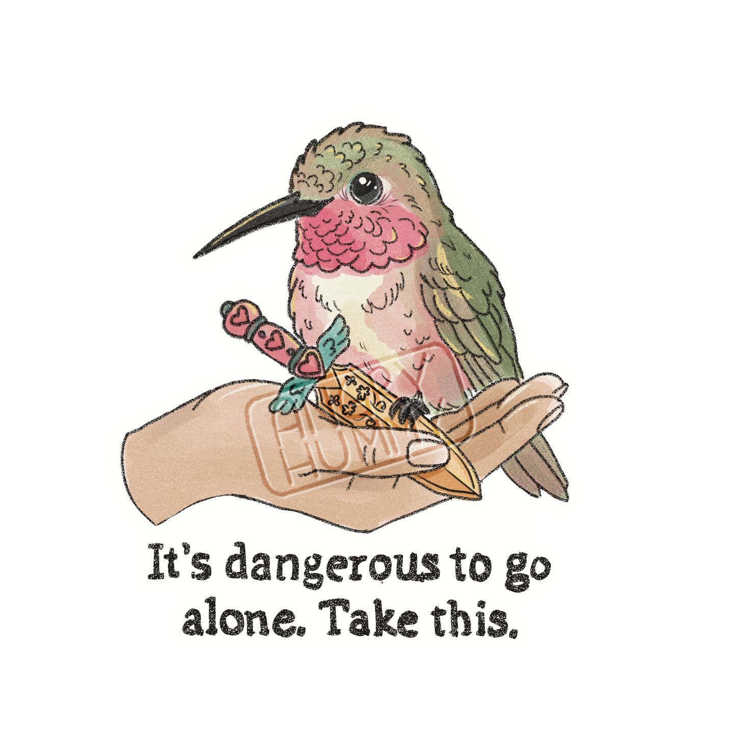 Hand drawn image of a hummingbird with a sword