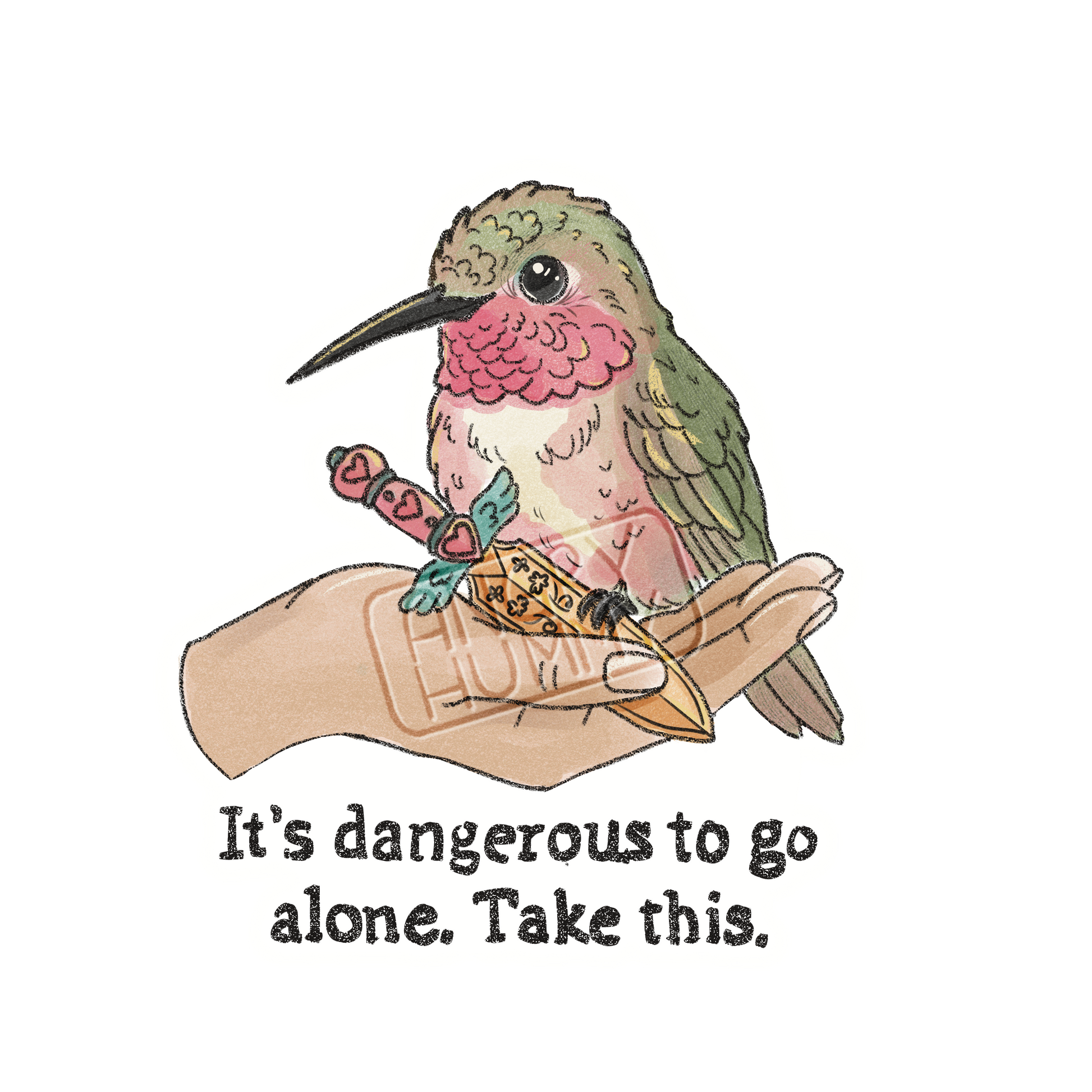 Hand drawn image of a hummingbird with a sword