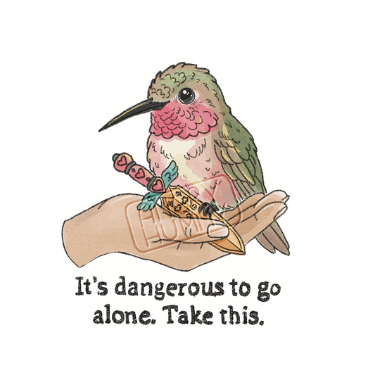 Hand drawn image of a hummingbird with a sword