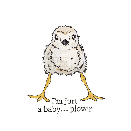 Hand drawn sticker showing a baby plover over text which reads "I'm just a baby...plover"