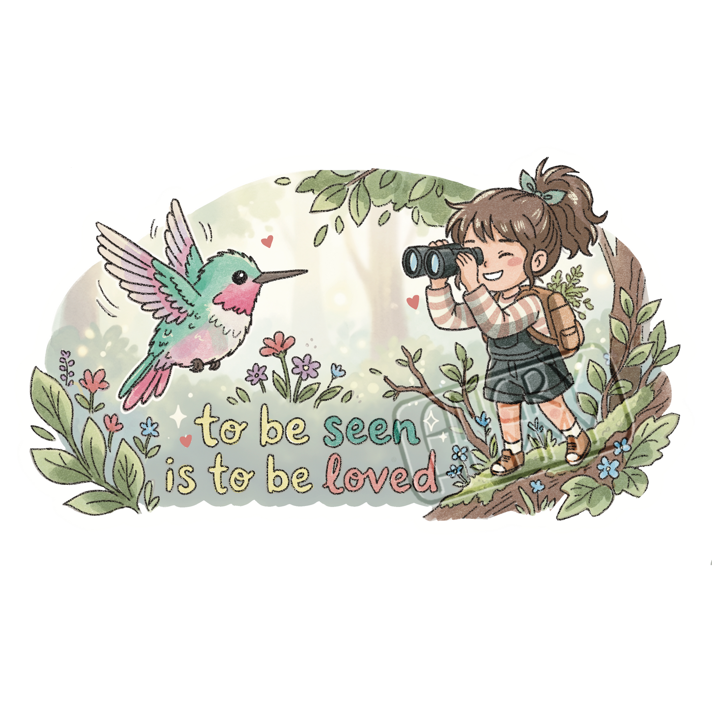 Hand drawn image of a young woman viewing a hummingbird through binoculars